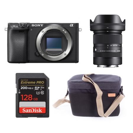 Sony a6400 + Sigma 18-50mm f/2.8 DC DN + SD 128gb + Sony ORIGINAL TORBA